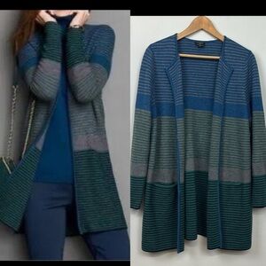 Talbots striped 100% merino wool open front long line cardigan sweater L petite